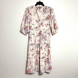 Figueroa & Flower midi floral ivory purple dress puff sleeves cottage peasant XL